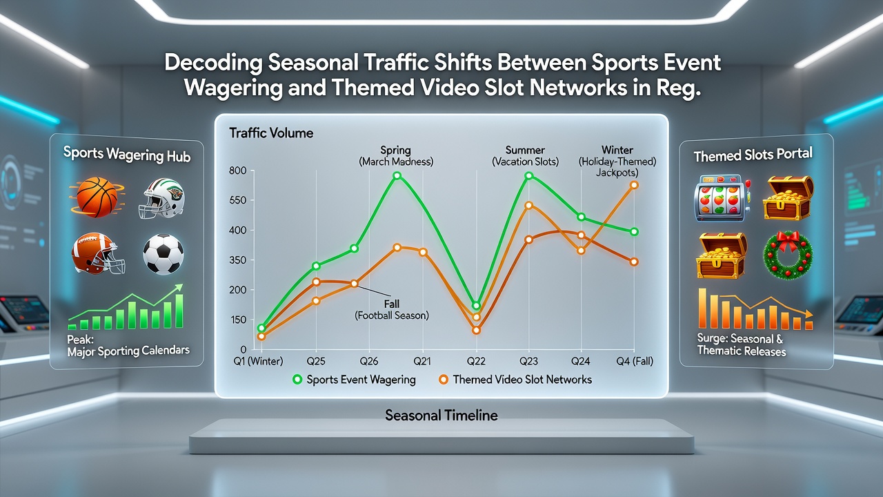 Chart illustrating traffic volume changes between sports event wagering and themed video slot networks over multiple seasons in regulated markets